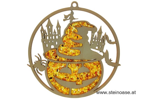 Fensterbild Suncatcher Bernstein - HALLOWEEN Kürbis mit Hut und Geisterschloß Ø 11cm